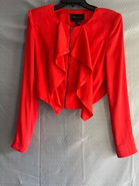 BCBGMaxAzria Vibrant Red Ruffle Zip-Front Cropped Jacket